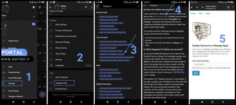 مراحل حذف حساب تلگرام در اپلیکیشن اندروید